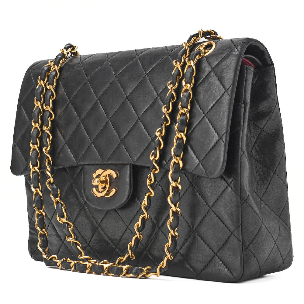 Sac bandoulière chaîne matelassé à double rabat en cuir d'agneau noir et métal doré d'occasion
