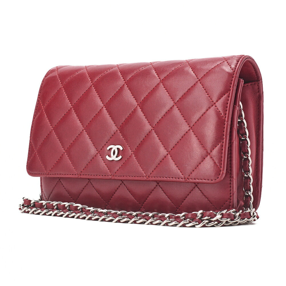 Pre-Owned Chain Wallet Matelasse Lambskin Red Silver-Tone Hardware Pre-Owned