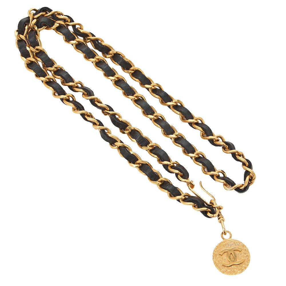 Ceinture chaîne d'occasion, Coco Mark, plaquée or, cuir, noire, finitions dorées, d'occasion
