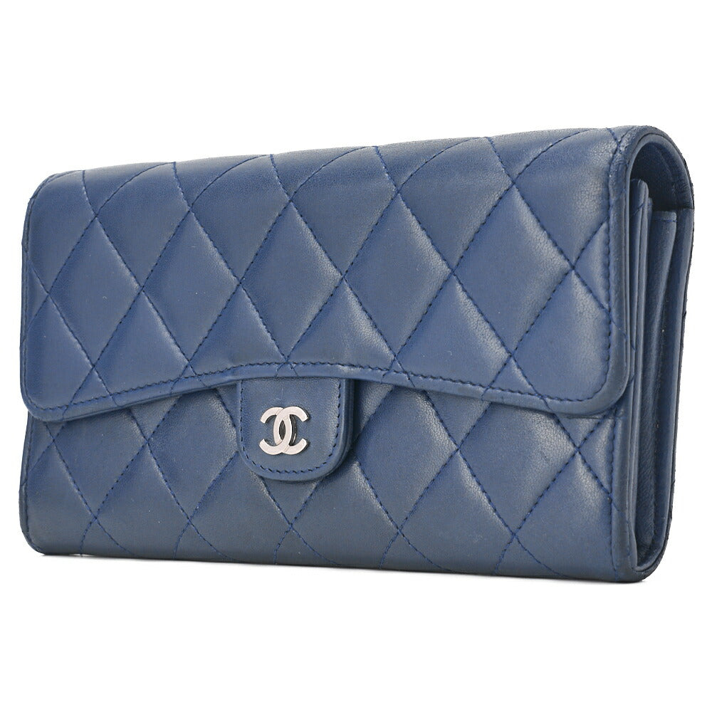 Pre-Owned Bi-Fold Long Wallet Matelasse Lambskin Blue Silver-Tone Hardware Pre-Owned