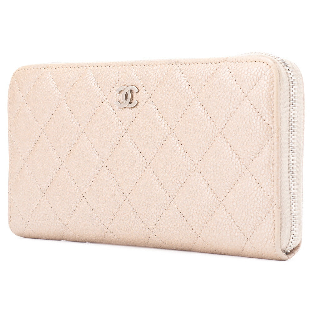 Pre-Owned Round Long Wallet, Matelasse, Caviar Skin, Beige, Gold-Tone Hardware, Pre-Owned