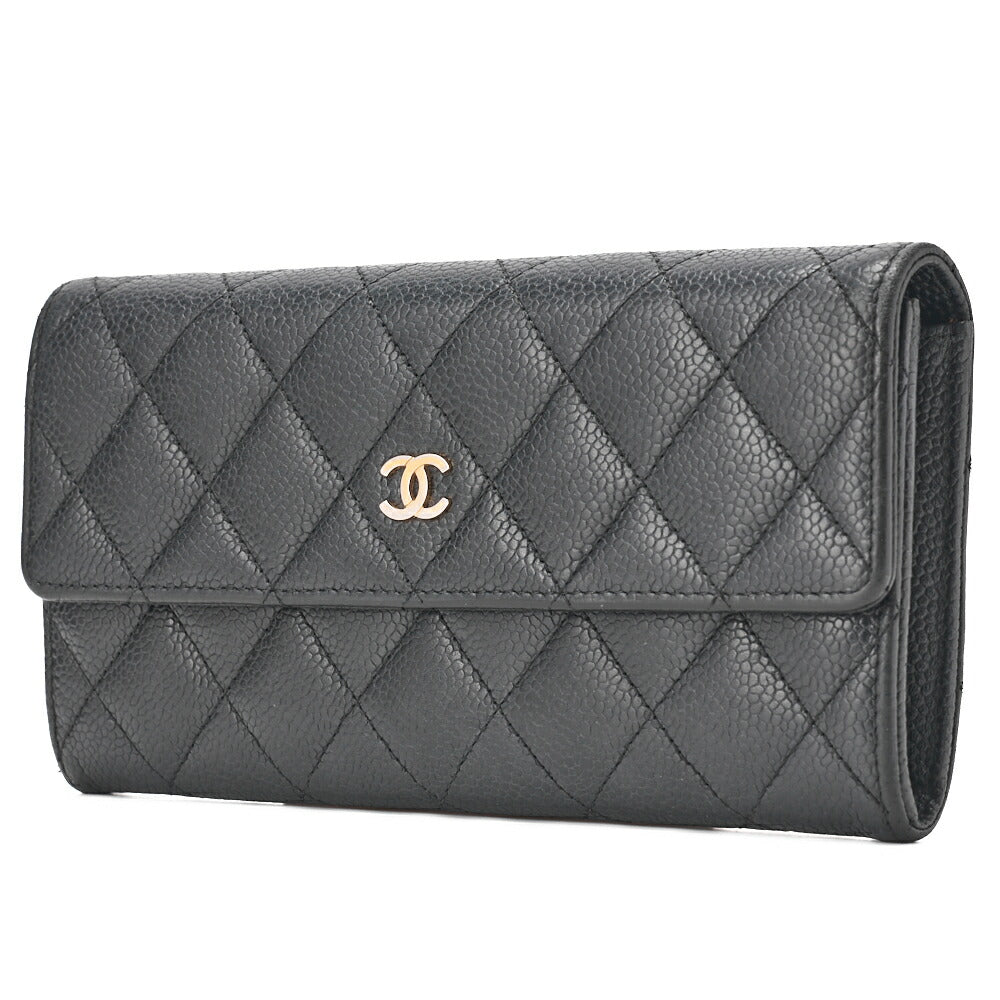 Pre-Owned Round Long Wallet, Matelasse, Caviar Skin, Black, Gold-Tone Hardware, Pre-Owned