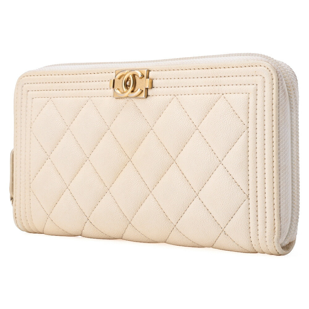 Pre-Owned Boy Matelasse Round Long Wallet Caviar Skin Ivory Gold-Tone Hardware Pre-Owned