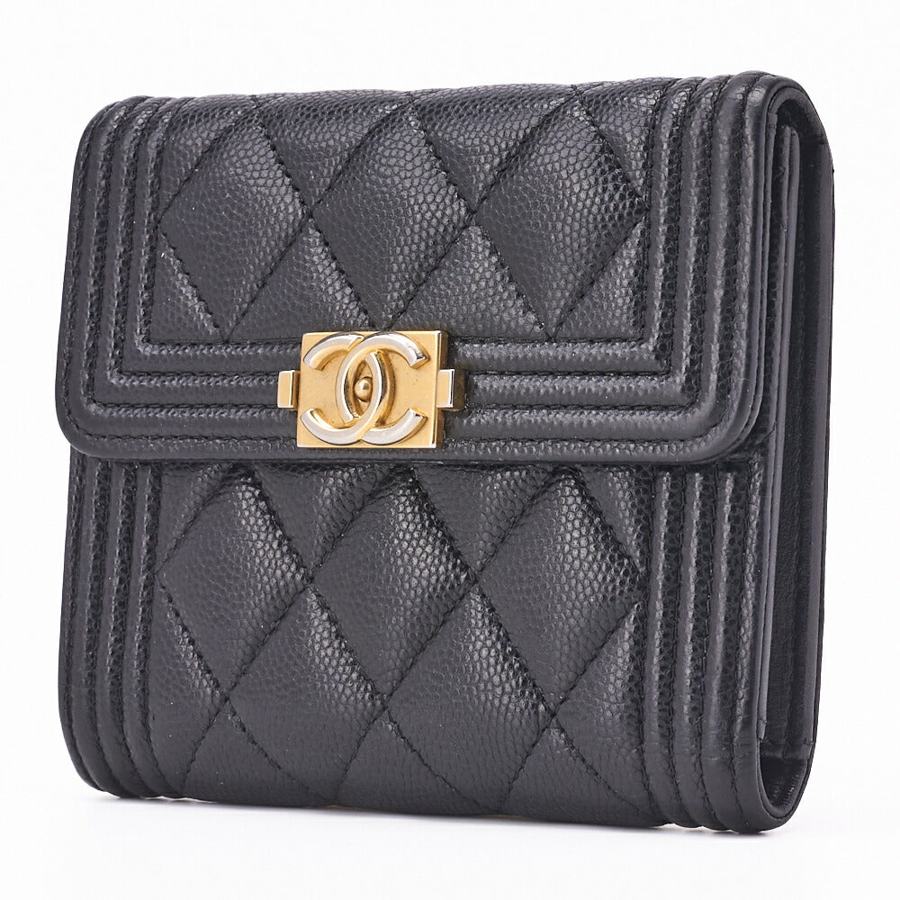 Pre-Owned Boy Matelasse Tri-Fold Compact Wallet Caviar Skin Black Gold-Tone Hardware Pre-Owned