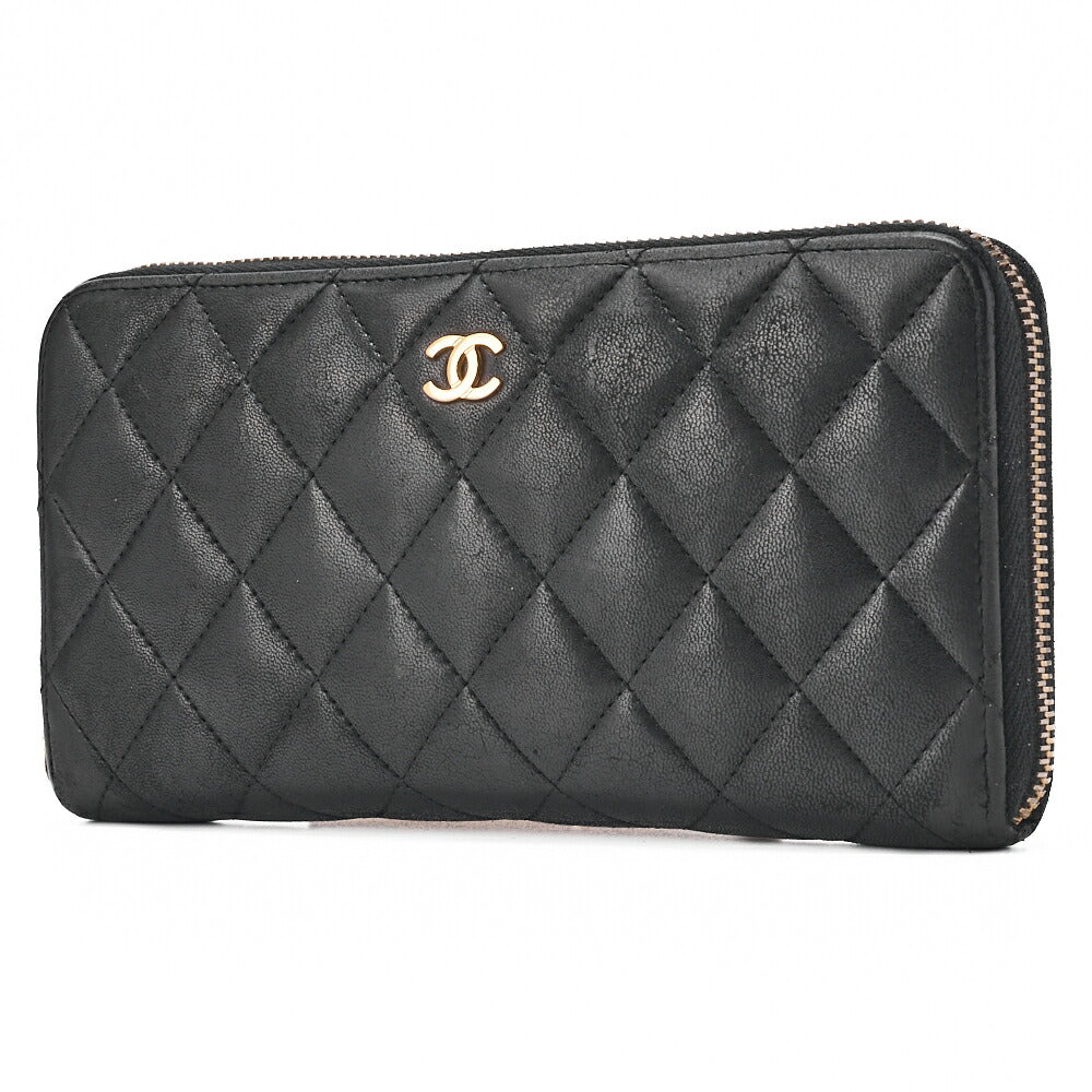Pre-Owned Round Long Wallet, Matelasse, Lambskin, Black, Gold-Tone Hardware, Pre-Owned
