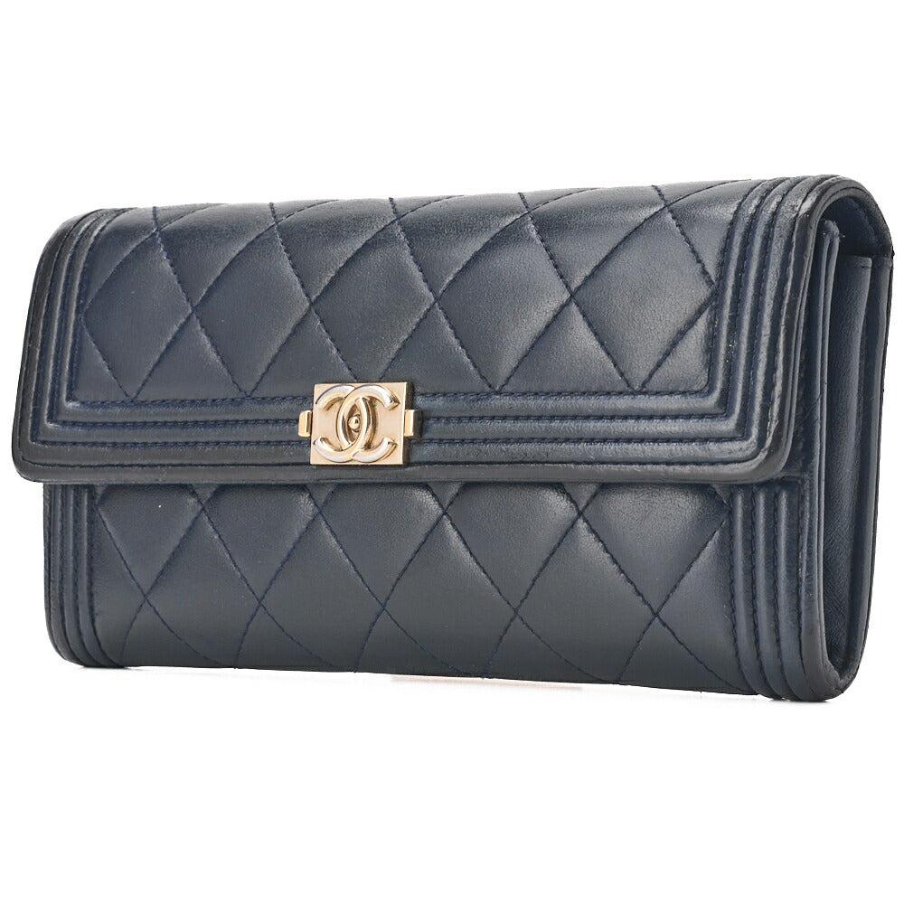 Pre-Owned Boy V-Stitch Round Long Wallet Caviar Skin Navy Gold-Tone Hardware Pre-Owned