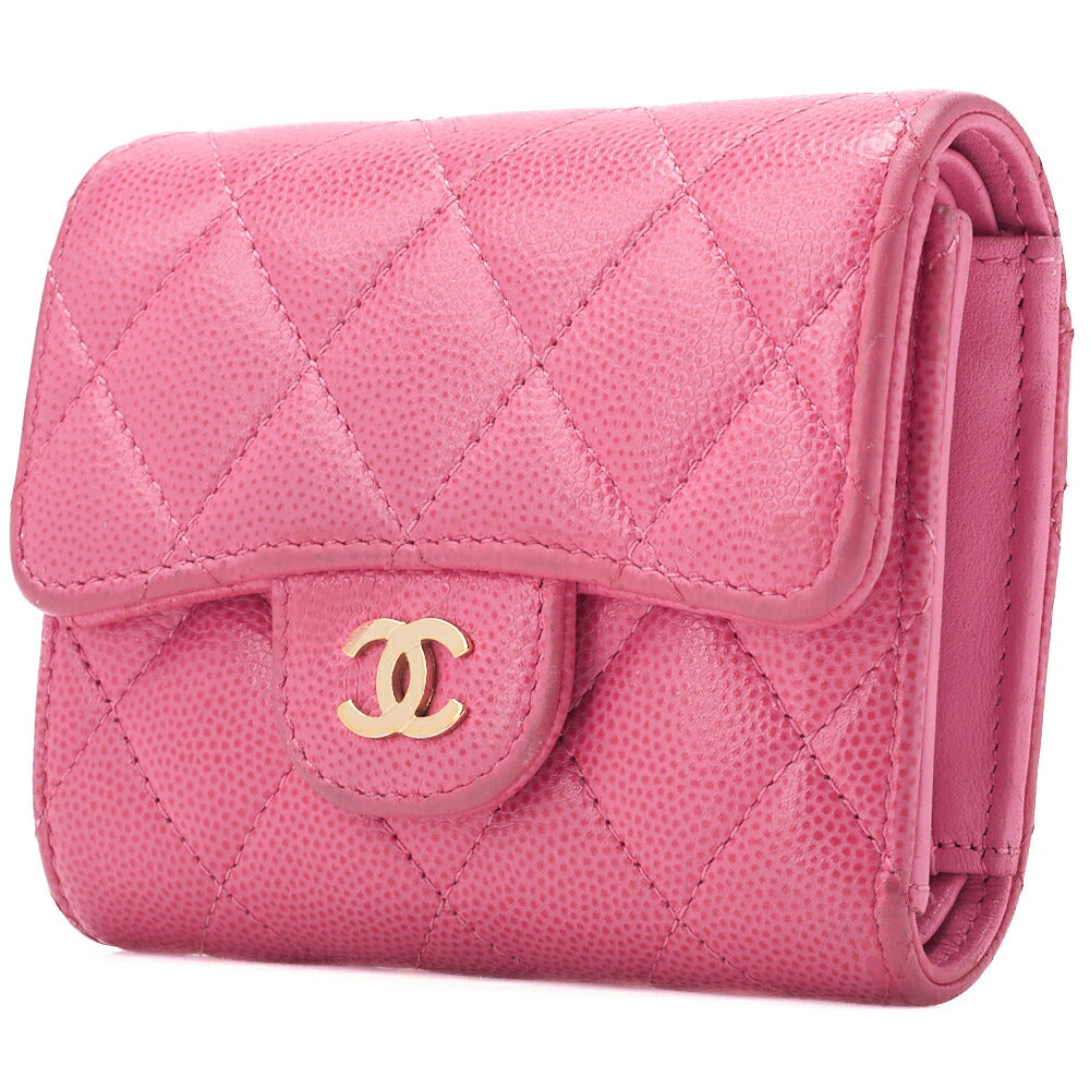 Pre-Owned Tri-Fold Compact Wallet, Matelasse, Caviar Skin, Pink, Gold-Tone Hardware, Pre-Owned