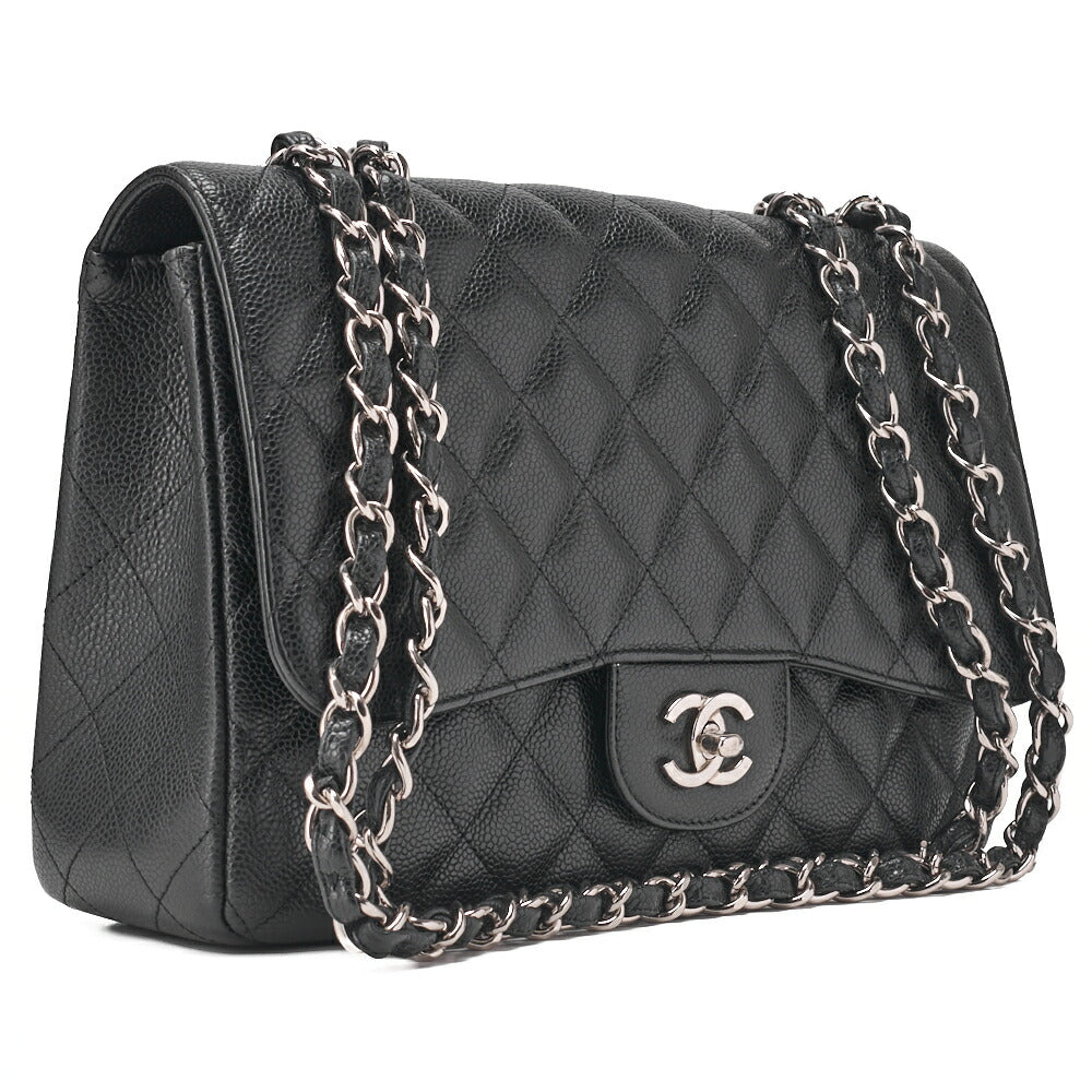 Sac à bandoulière chaîne d'occasion grand matelassé en cuir caviar noir et métal argenté