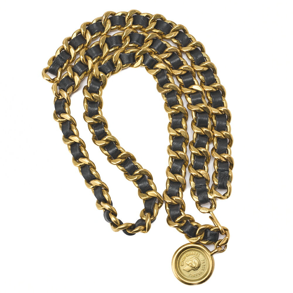 Pre-Owned Chain Belt, Coco Mark, Gold Plated Leather, Black, Gold-Tone Hardware, Pre-Owned
