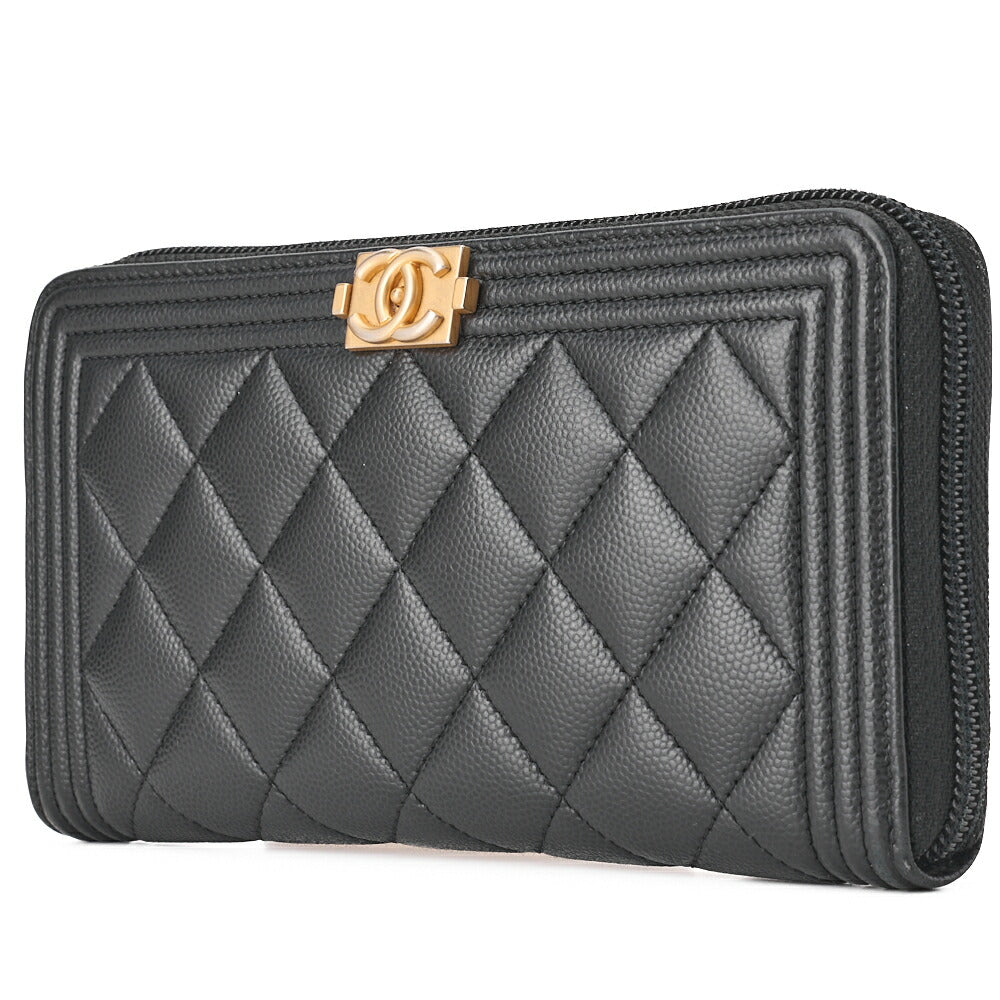 Pre-Owned Boy Matelasse Round Long Wallet Caviar Skin Black Gold-Tone Hardware Pre-Owned