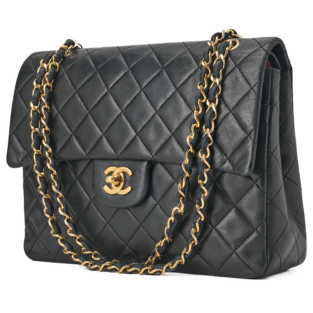 Pre-Owned Schultertasche Matelassé Doppelklappe Lammleder Schwarz Goldfarbene Hardware Pre-Owned