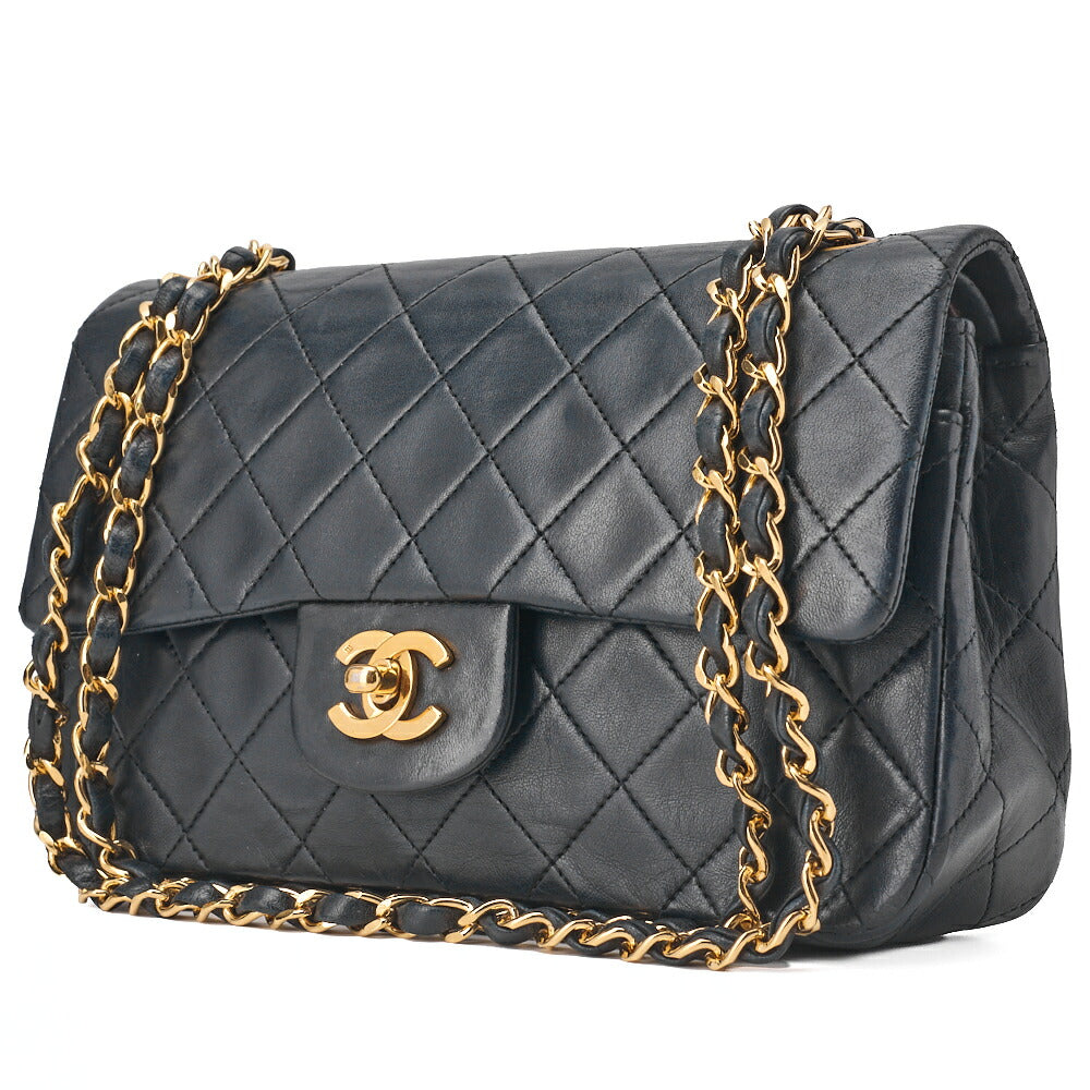 Pre-Owned Shoulder Bag Matelasse Double Flap Lambskin Navy Gold-Tone Hardware Pre-Owned