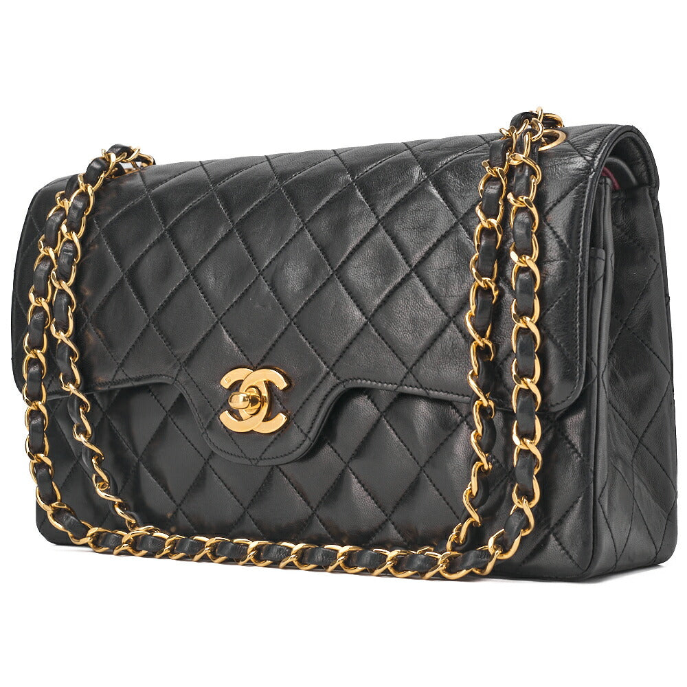 Pre-Owned Shoulder Bag, Matelasse Wave Flap Double Flap, Lambskin, Black, Gold-Tone Hardware, Pre-Owned