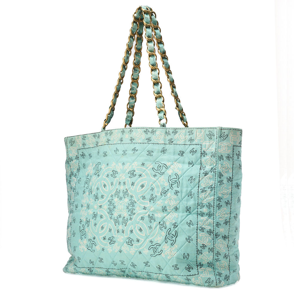 Pre-Owned Chain Tote Bag Coco Mark Bandana Pattern Canvas Green Silver-Tone Hardware Pre-Owned