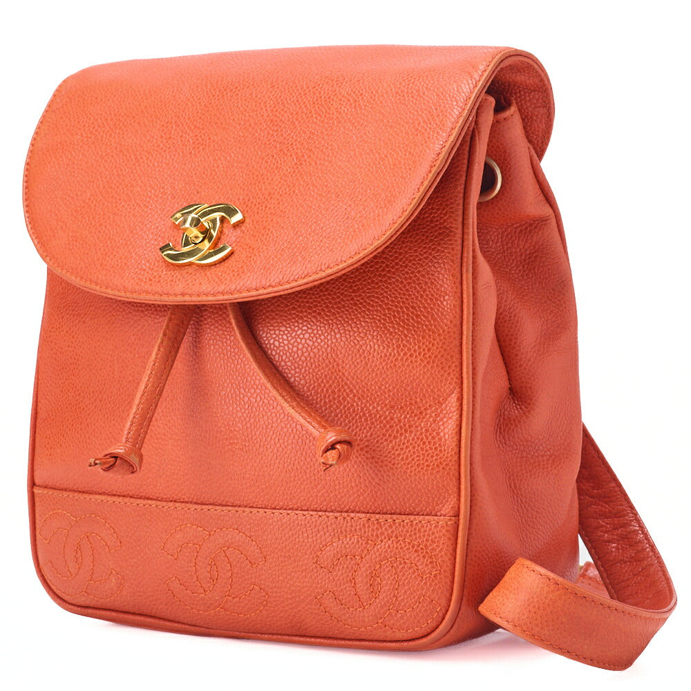 Pre-Owned Chain Backpack Bag Triple Coco Turn Lock Caviar Skin Orange Gold-Tone Hardware Pre-Owned