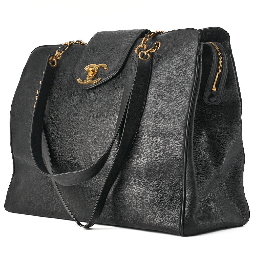 Pre-Owned Shoulder Bag Supermodel Coco Mark Deca Coco Double Chain Shoulder Caviar Skin Black Gold-Tone Hardware, Pre-Owned