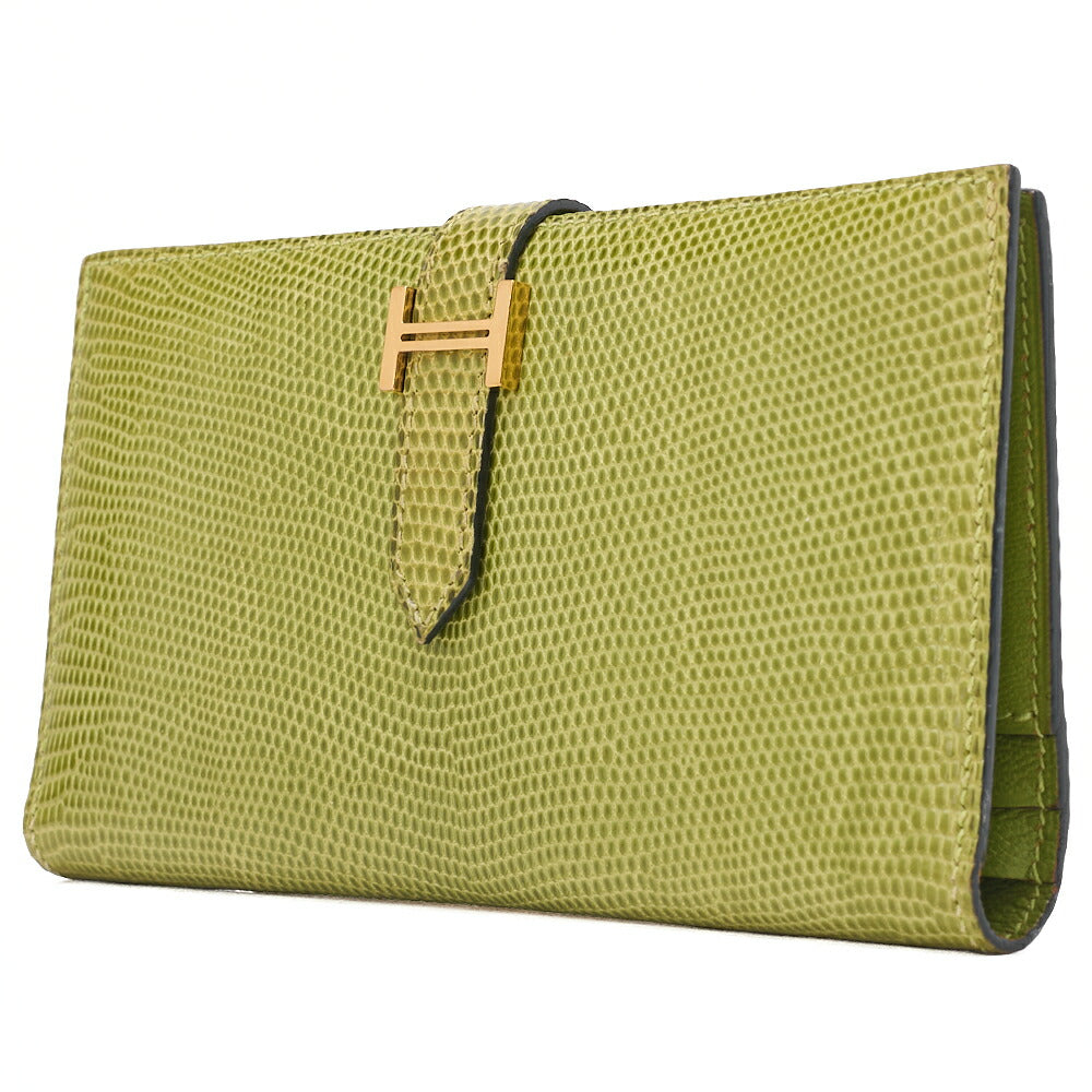 Pre-Owned Béance Souffle 2 Fold Long Wallet Lizard Anisegrin Anis green Gold-Tone Hardware, Pre-Owned
