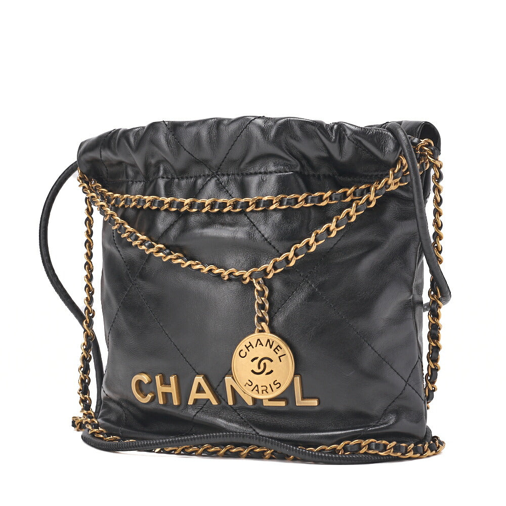 Sac à bandoulière 22 Mini en cuir de veau noir avec cordon de serrage et chaîne (accessoires dorés) d'occasion