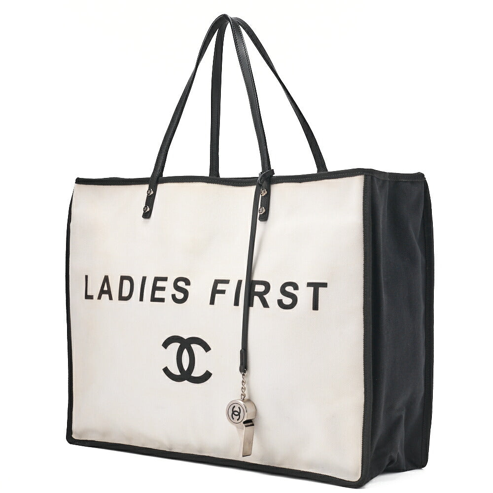 Pre-Owned Tote Bag Coco Mark Canvas with Whistle Charm White × Black Silver-Tone Hardware, Pre-Owned