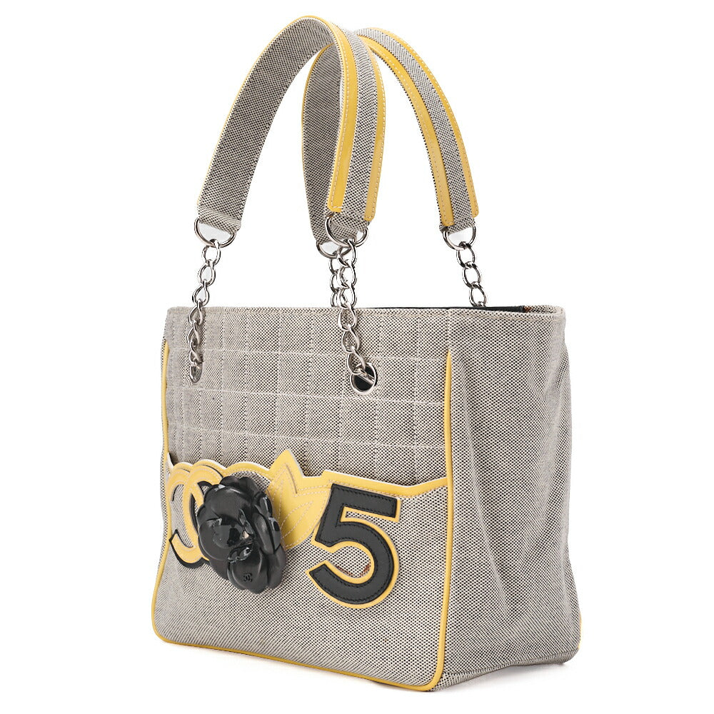 Sac fourre-tout d'occasion en toile Camellia Choco Bar, gris × jaune, finitions argentées.