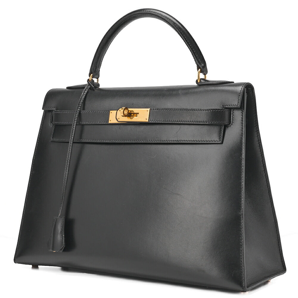 Pre-Owned Kelly 32 Handbag Box Calf Black Black Exterior Stitching Gold-Tone Hardware, Pre-Owned