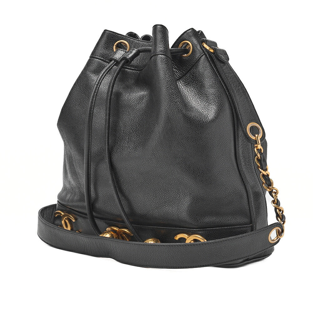 Pre-Owned Chain Shoulder Bag Caviar Skin Triple Coco Drawstring Purse Ball Charm Black Gold-Tone Hardware, Pre-Owned