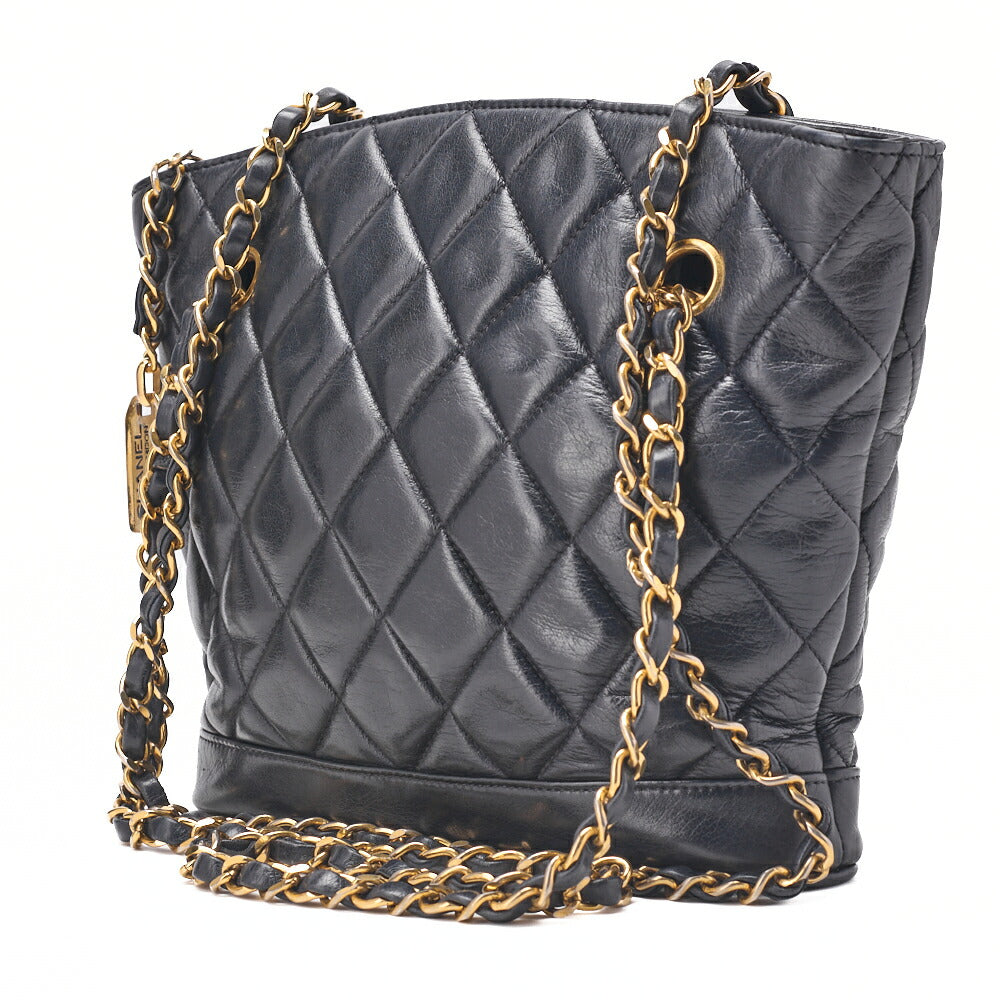Pre-Owned Shoulder Bag Matelasse Plate Charm Fan Shaped Chain Shoulder Lambskin Navy Gold-Tone Hardware, Pre-Owned
