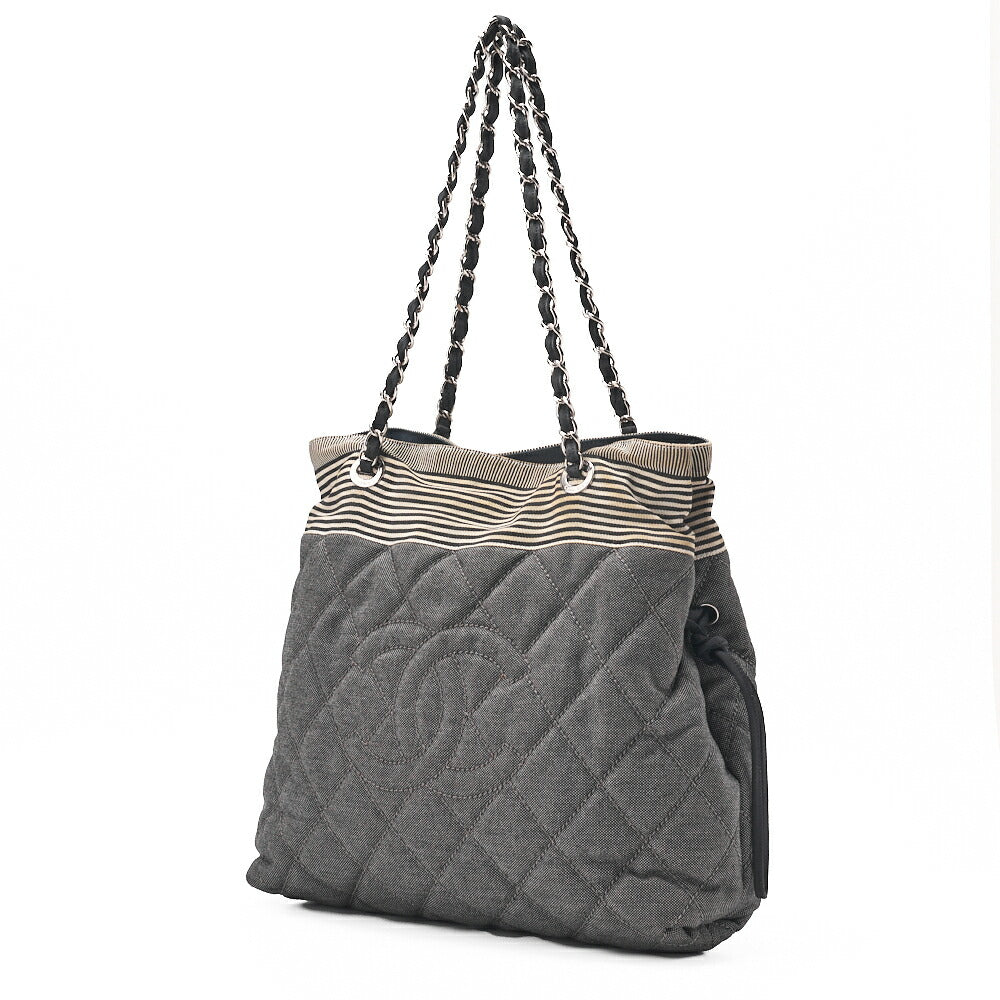 Pre-Owned Shoulder Bag Denim Coco Mark Gray Silver-Tone Hardware, Pre-Owned