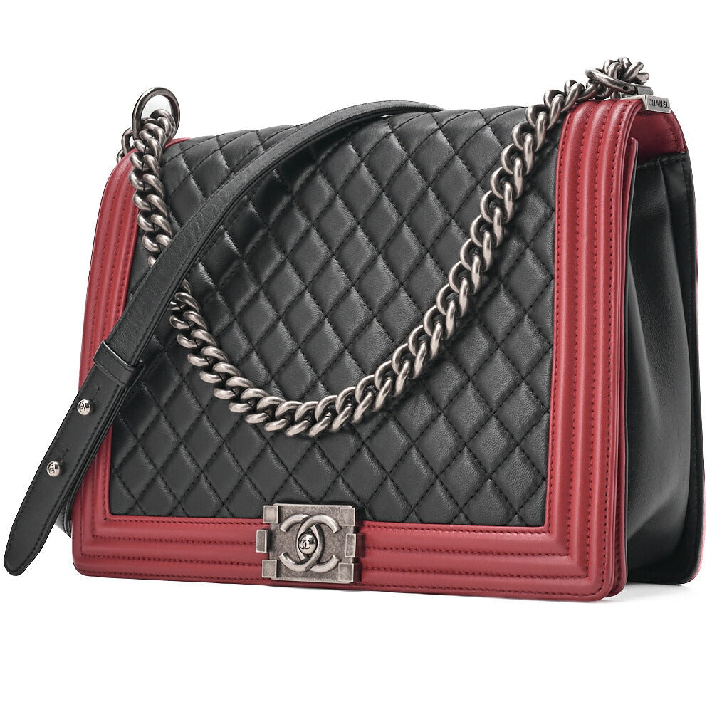 Pre-Owned Boy Matelasse Chain Shoulder Lambskin Black & Red Large Size Silver-Tone Hardware, Pre-Owned