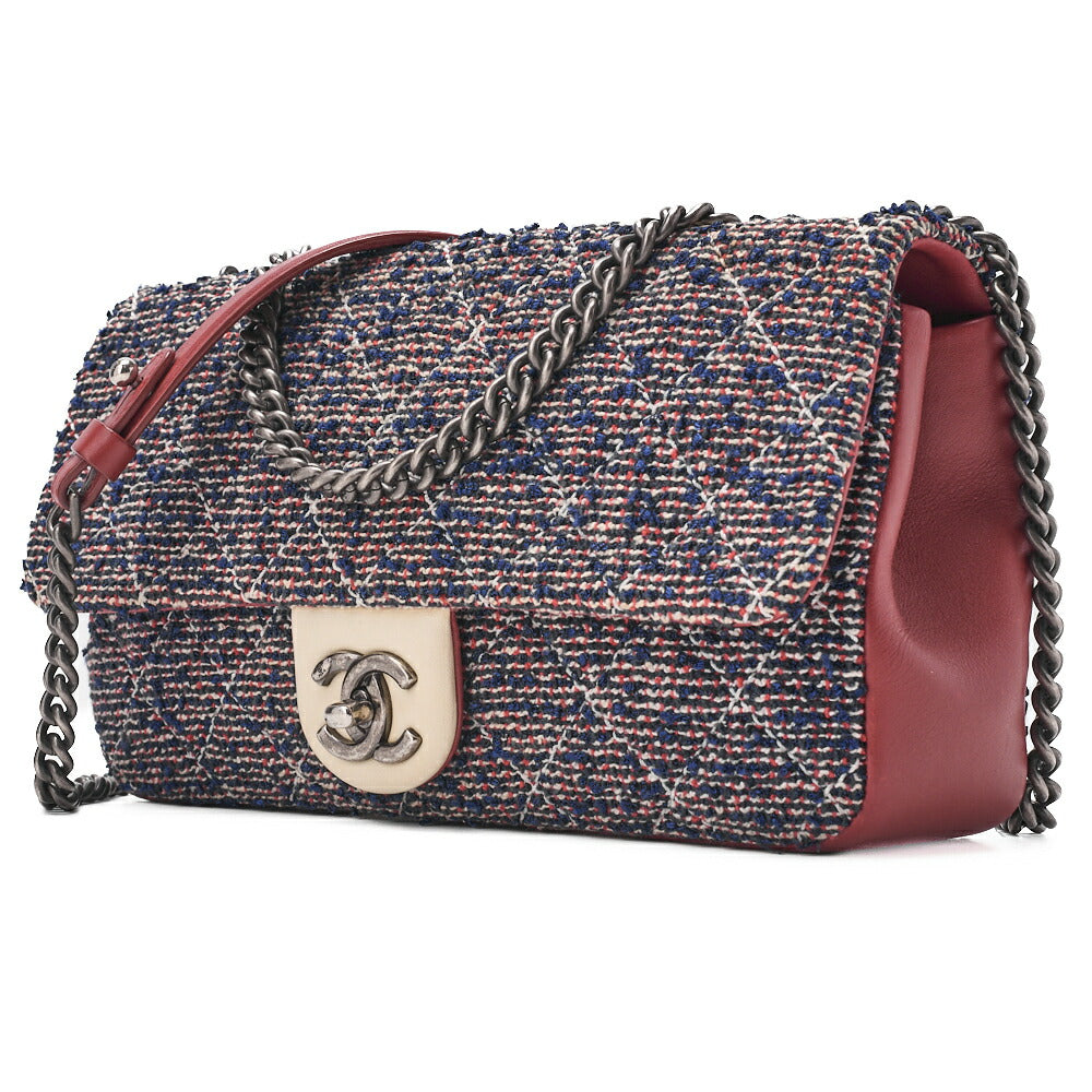 Pre-Owned Shoulder Bag Matelasse Single Flap Tweed Red & Navy Silver-Tone Hardware, Pre-Owned