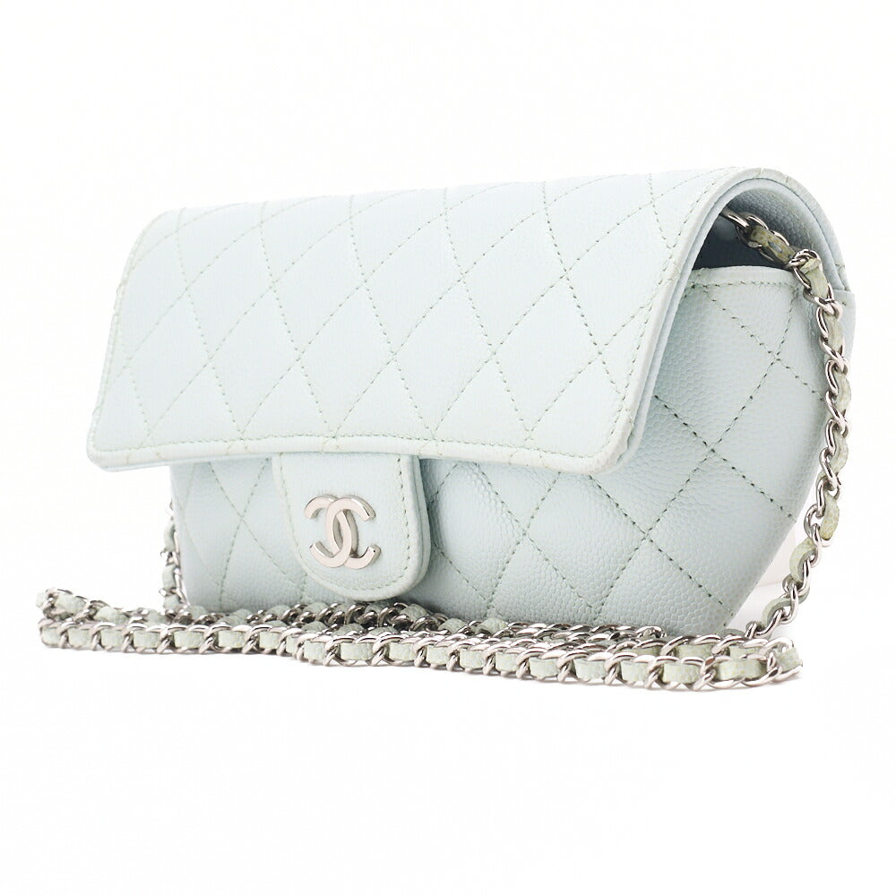 Pre-Owned Matelasse Shoulder Bag Caviar Skin Glasses Case Light Blue Mini Shoulder Bag Silver-Tone Hardware, Pre-Owned