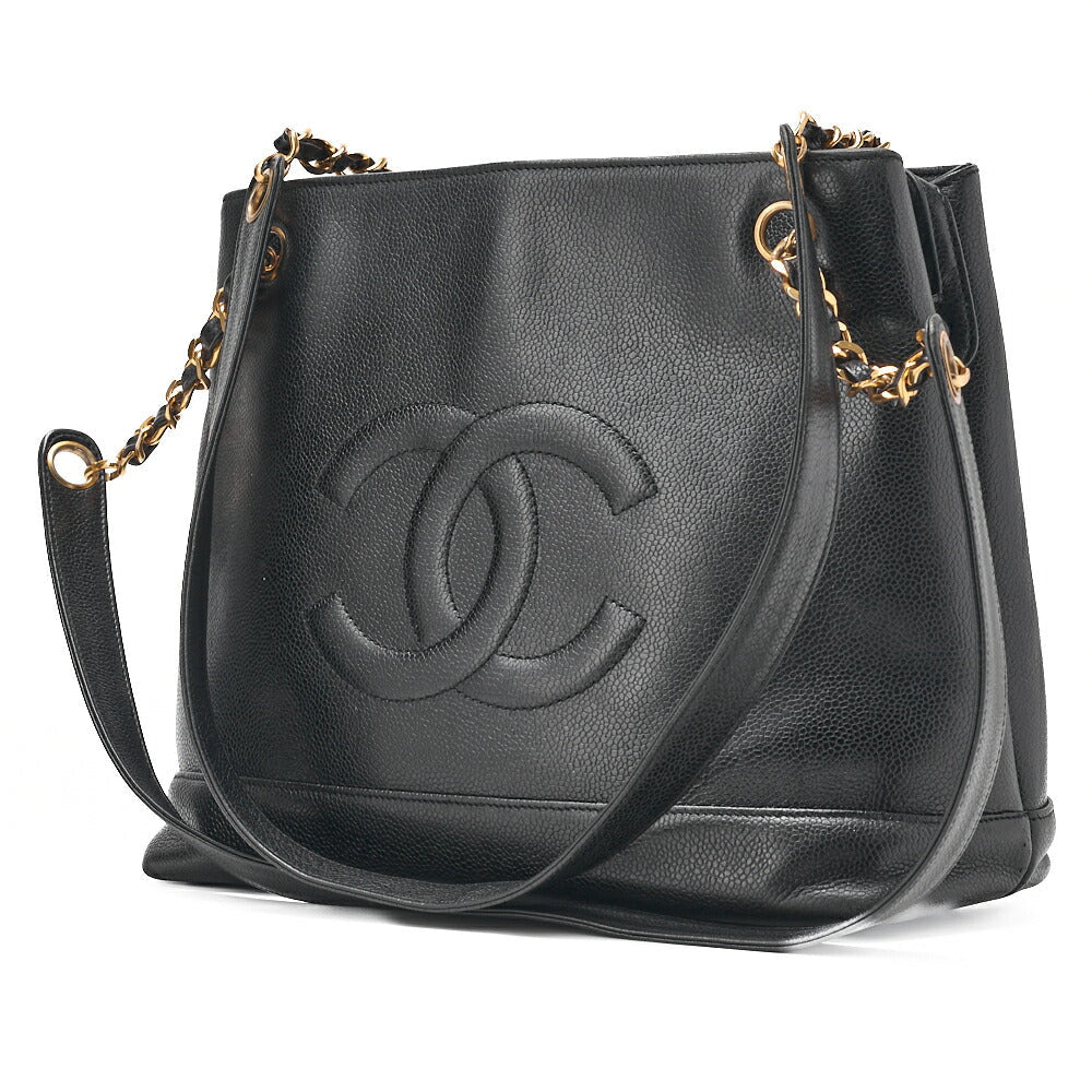 Pre-Owned Shoulder Bag Coco Mark Ball Charm Caviar Skin Black Gold-Tone Hardware, Pre-Owned