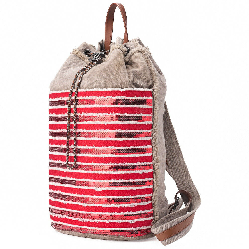 Pre-Owned Border with Coco Charm Sequin Drawstring Backpack Red Silver-Tone Hardware, Pre-Owned