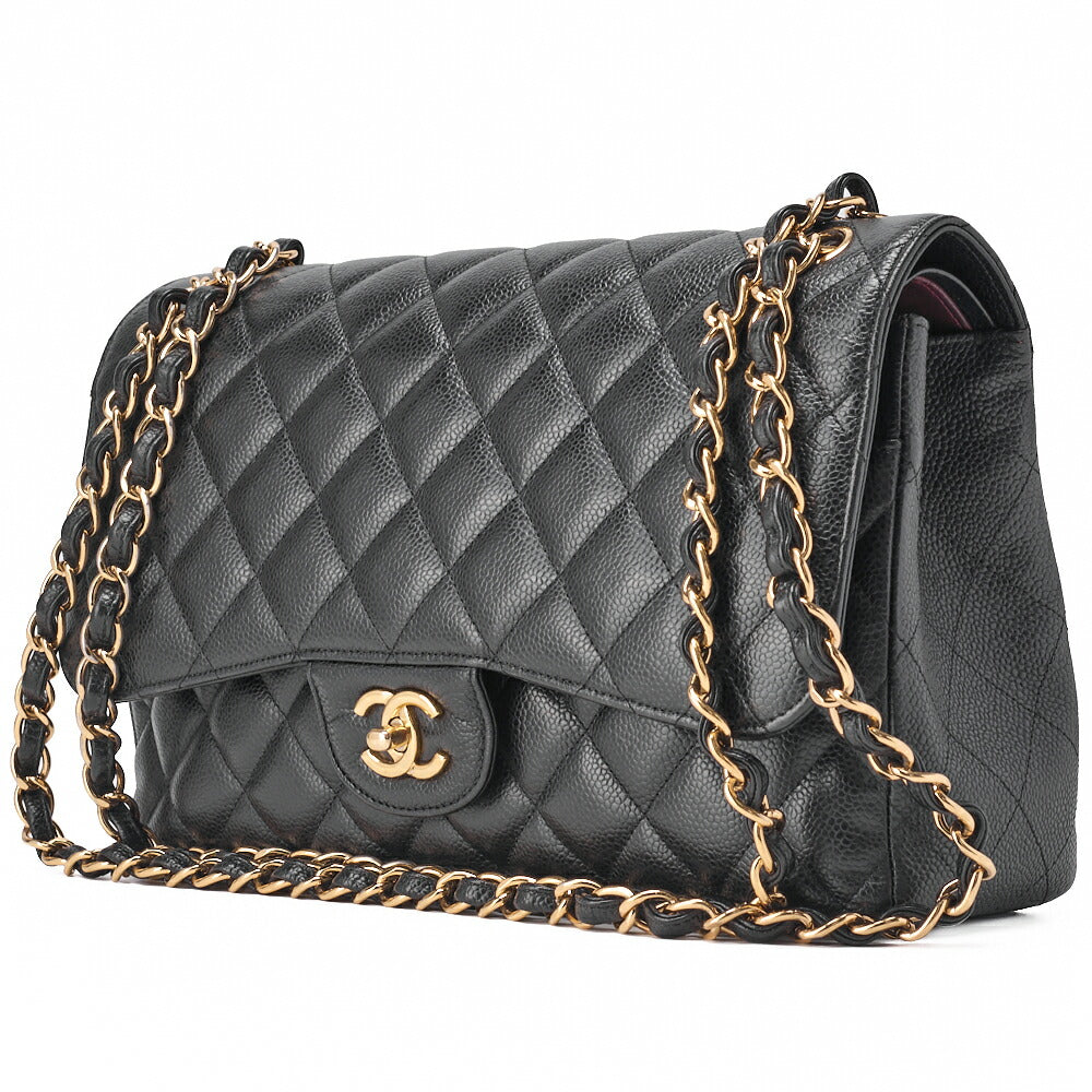 Pre-Owned Chain Shoulder Bag Deca Matrasse 30cm Double Flap Caviar Skin Black Gold-Tone Hardware, Pre-Owned