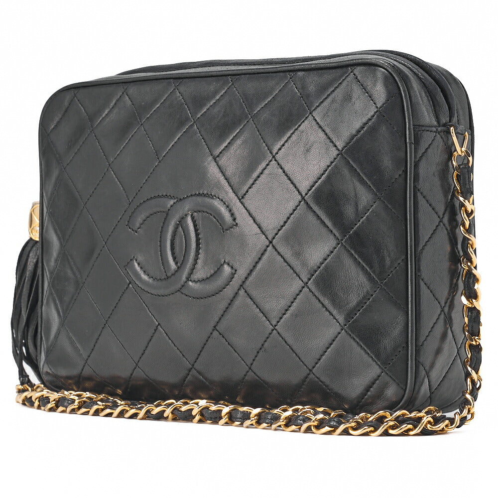 Pre-Owned Matlasse Coco Mark Fringe Chain Shoulder Lambskin Black Gold-Tone Hardware, Pre-Owned