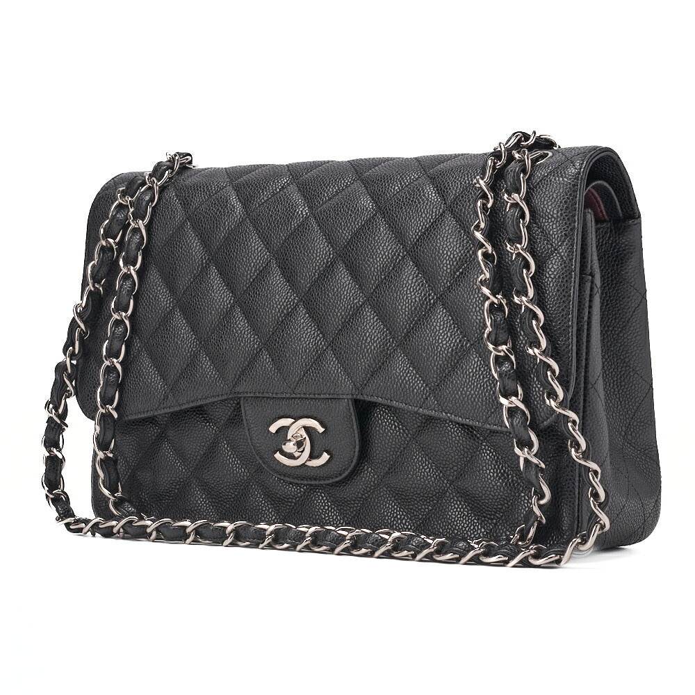 Pre-Owned Chain Shoulder Bag Deca Matelassé 30cm Double Flap Caviar Skin Black Silver-Tone Hardware, Pre-Owned