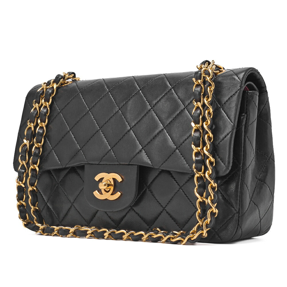 Pre-Owned Chain Shoulder Bag Matelassé Double Flap 23cm Lambskin Black Gold-Tone Hardware, Pre-Owned
