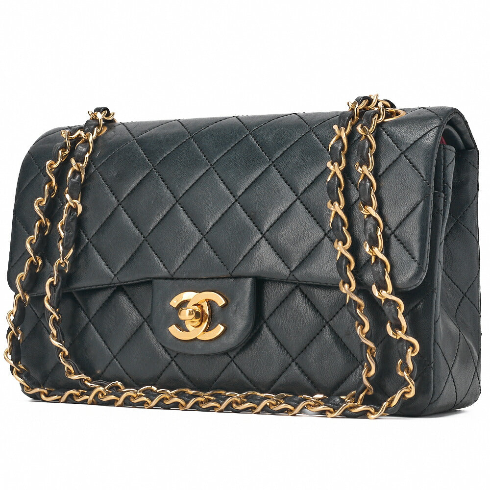 Pre-Owned Chain Shoulder Bag Matelassé Double Flap 23cm Lambskin Dark Navy Gold-Tone Hardware, Pre-Owned