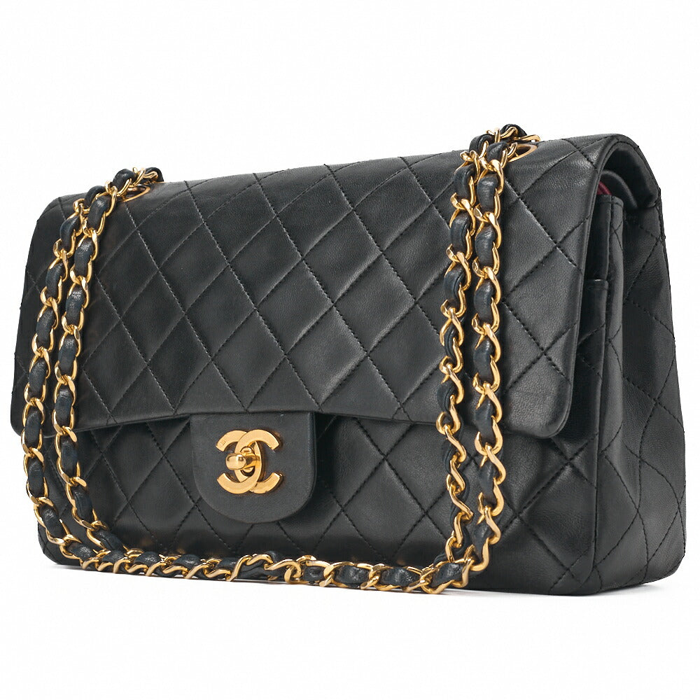 Pre-Owned Shoulder Bag Matelassé Double Flap 25cm Chain Shoulder Lambskin Black Gold-Tone Hardware, Pre-Owned