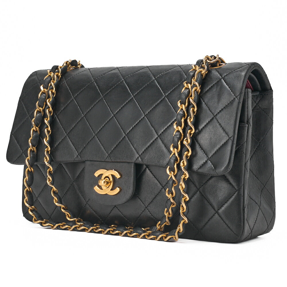Pre-Owned Shoulder Bag Matelassé Double Flap 25cm Chain Shoulder Lambskin Black Gold-Tone Hardware, Pre-Owned