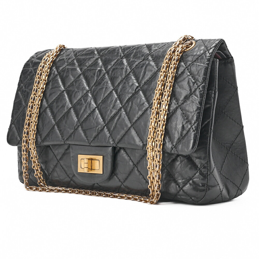 Pre-Owned Chain Shoulder Bag Matelassé 2.55 Vintage Calf Large Size Black Gold-Tone Hardware, Pre-Owned