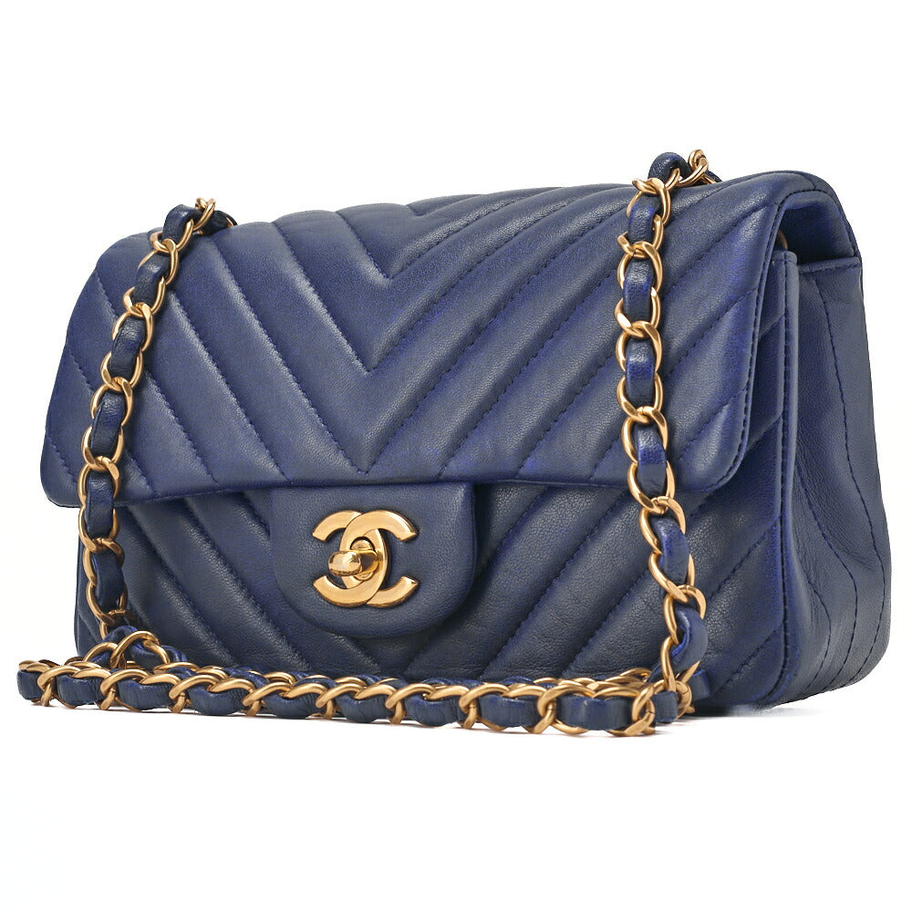 Pre-Owned Shoulder Bag Lambskin V Stitch Navy Coco Mark Single Flap Gold-Tone Hardware, Pre-Owned