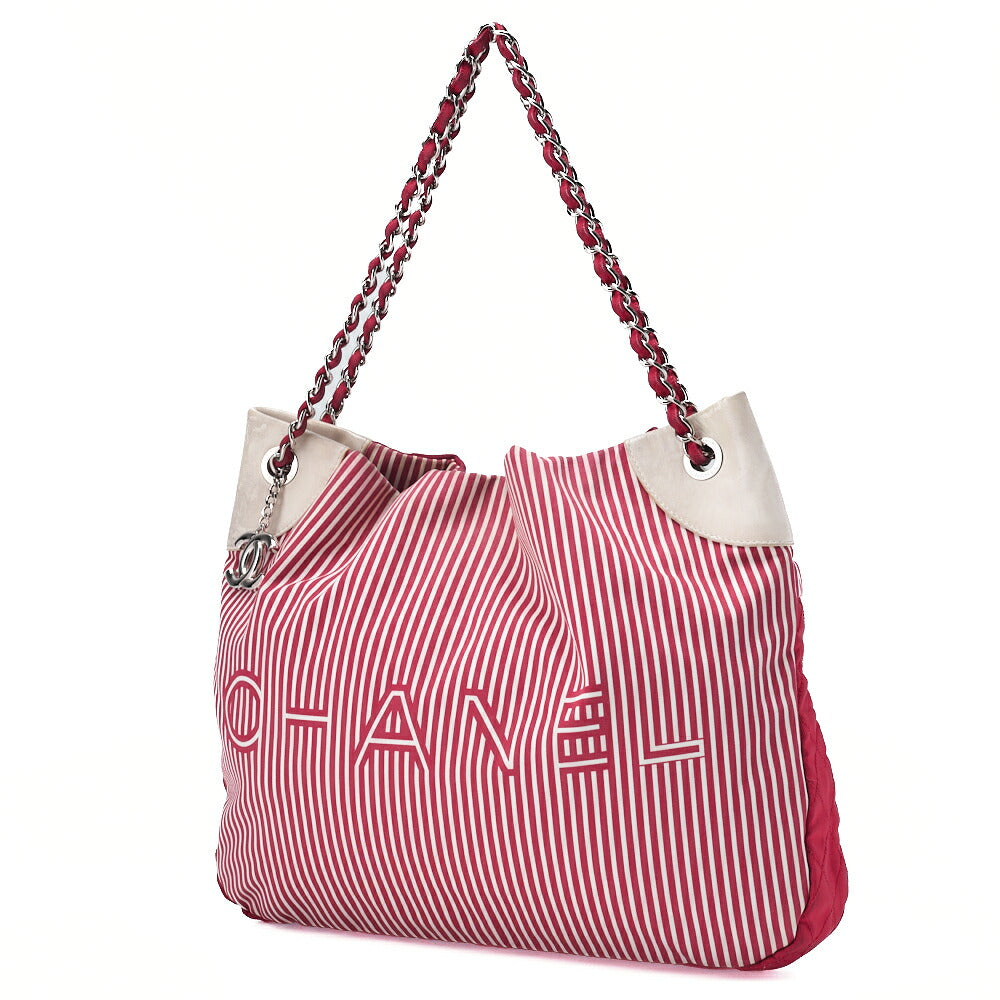 Pre-Owned Chain Shoulder Bag with Coco Charm Stripe Pattern Canvas Bicolor Silver-Tone Hardware, Pre-Owned