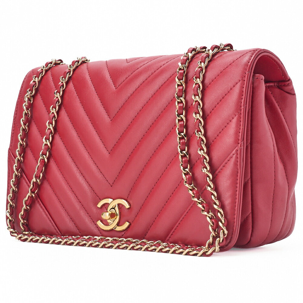 Pre-Owned Shoulder Bag Calfskin V-Stitch Red Cocomark Single Flap Gold-Tone Hardware, Pre-Owned