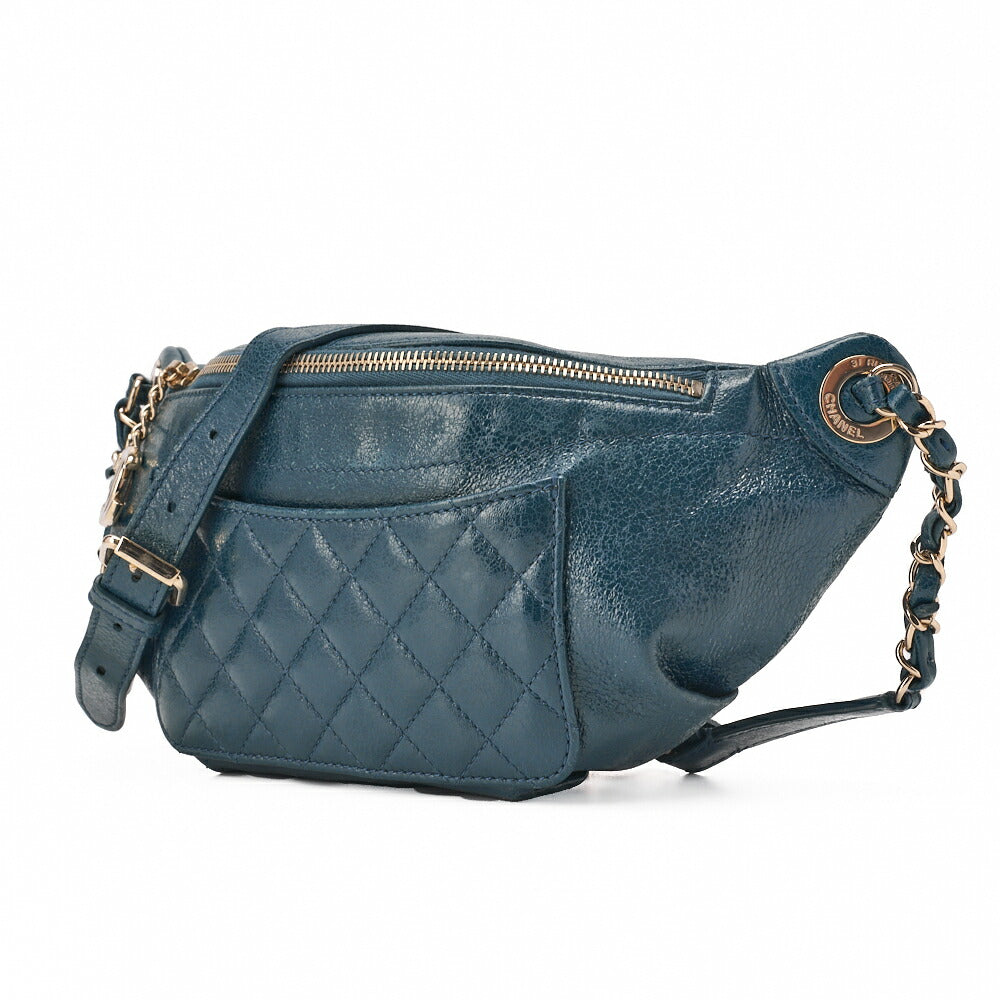 Pre-Owned Waist Bag Matelassé with Coco Charm Lambskin Blue Gold-Tone Hardware, Pre-Owned