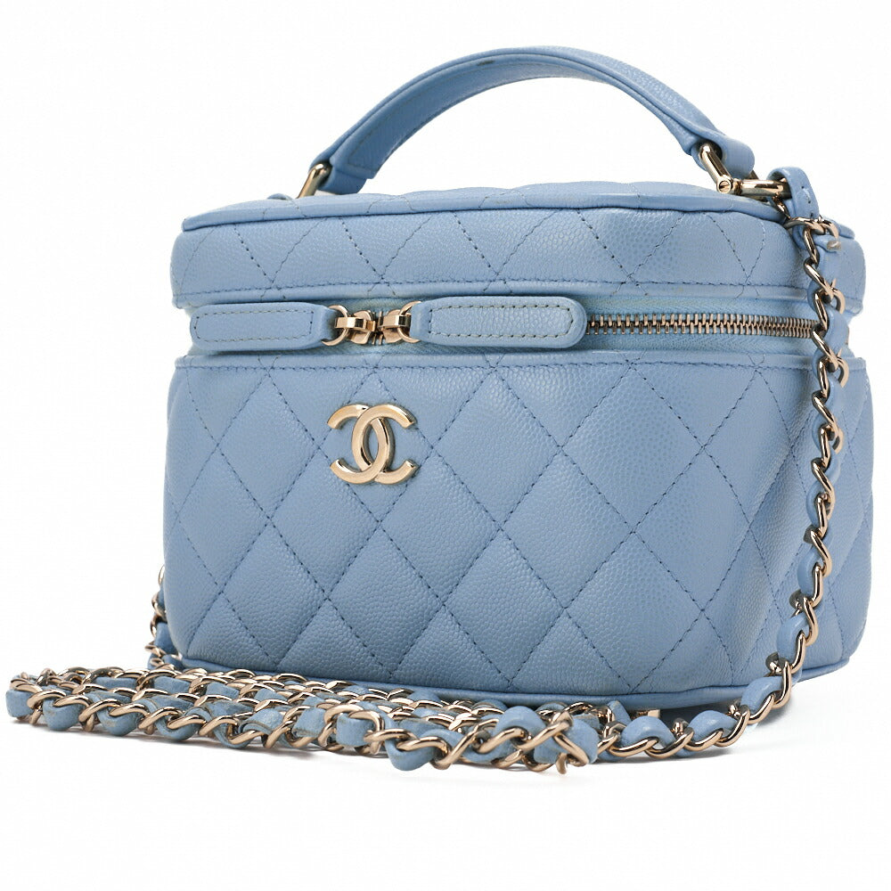 Pre-Owned Chain Shoulder Bag Matelassé Vanity Caviar Skin Light Blue 2way Gold-Tone Hardware, Pre-Owned