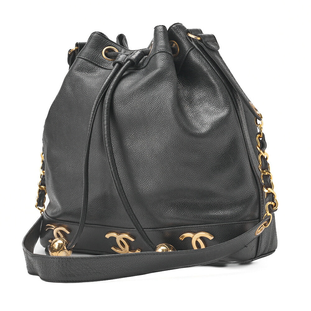 Pre-Owned Chain Shoulder Bag Triple Coco Caviar Skin Ball Charm Drawstring Black Gold-Tone Hardware, Pre-Owned