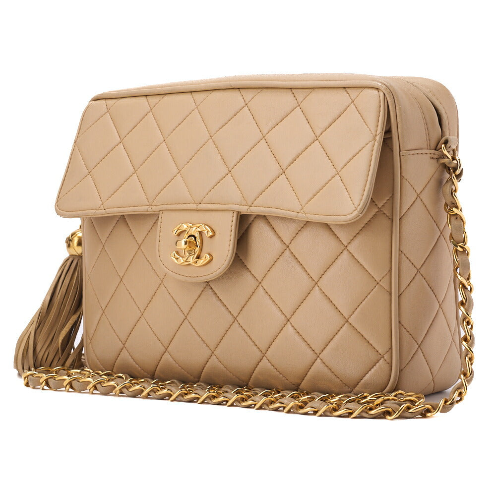 Pre-Owned Chain Shoulder Bag Matelassé Outside Flap Fringe Chain Shoulder Lambskin Beige Gold-Tone Hardware, Pre-Owned