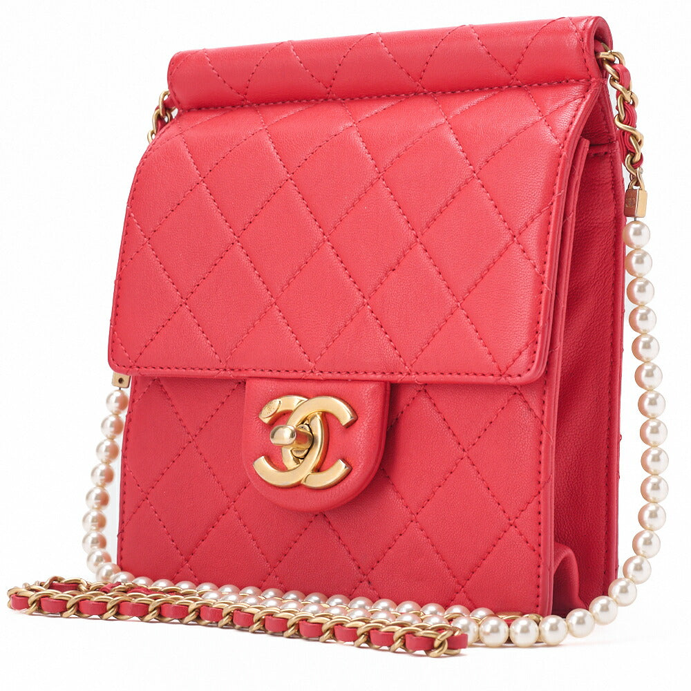 Pre-Owned Chain Shoulder Matelassé Pearl Chain Chain Wallet Lambskin Red Gold-Tone Hardware, Pre-Owned
