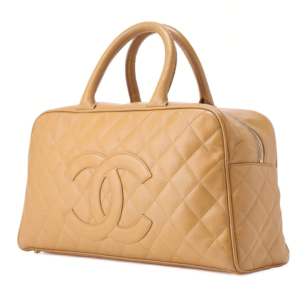 Pre-Owned Handbag Boston Bag Caviar Skin Matelassé Coco Mark Beige Gold-Tone Hardware, Pre-Owned